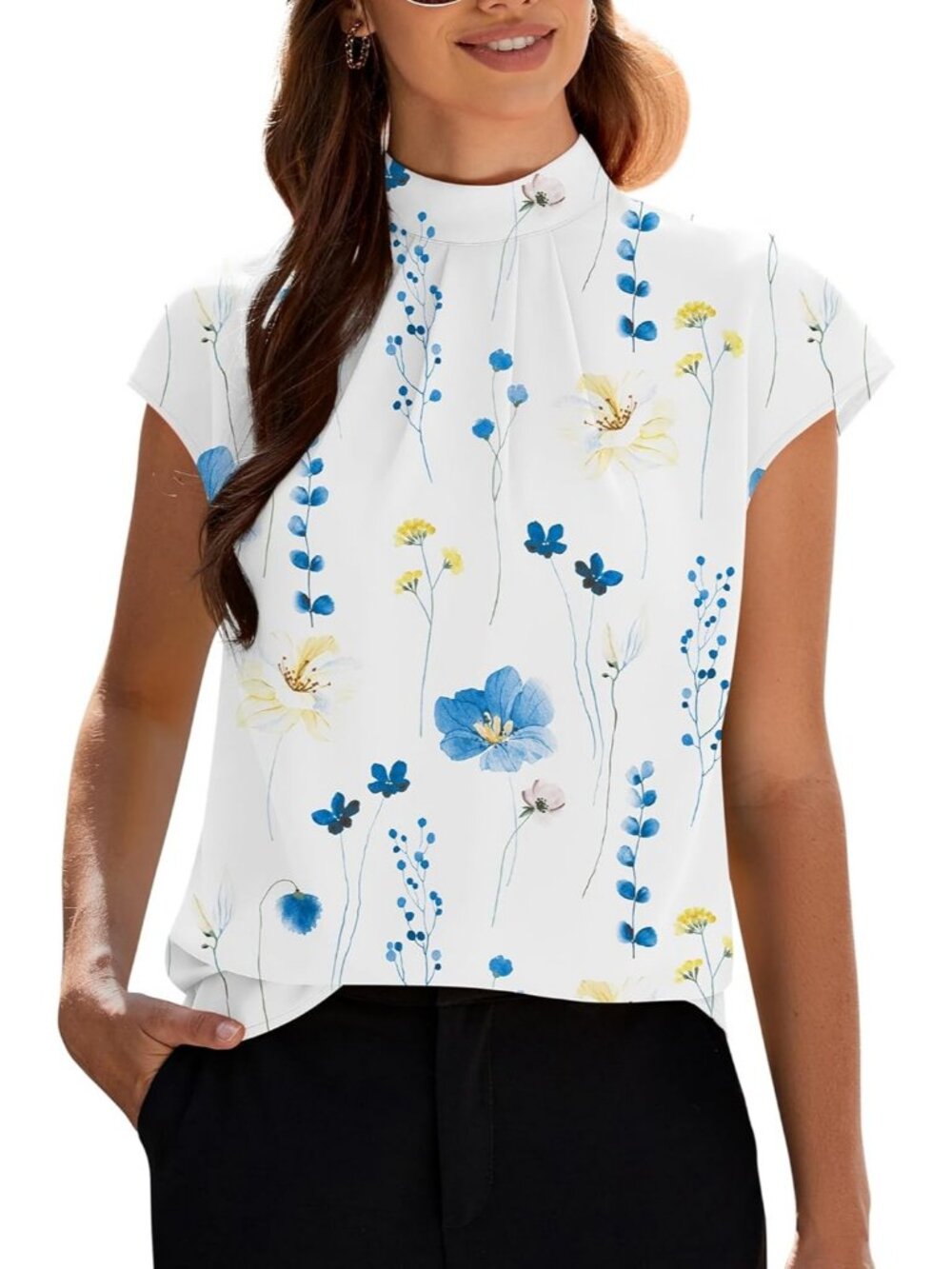 Women's Floral Print Mock Neck Cap Sleeve Chiffon Blouse Front Pleated Work Tops